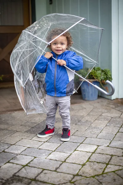 Cute Little Boy Holding Umbrella Leaves His Home Raining Day — Stock Photo, Image