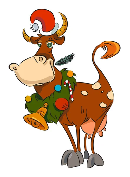 Imagen de dibujos animados de vaca con sombrero de Navidad — Vector de stock
