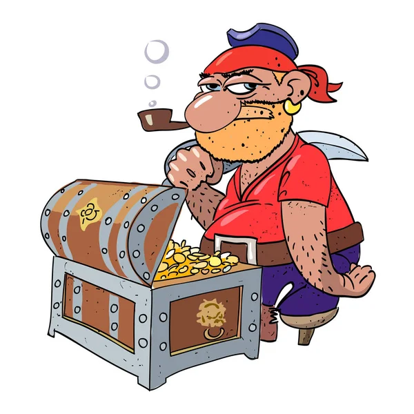 Imagem dos desenhos animados do capitão pirata com baú do tesouro —  Vetores de Stock