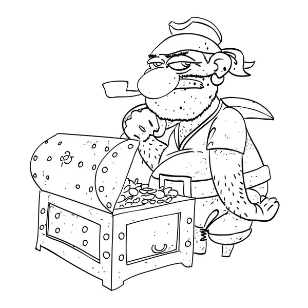 Imagem dos desenhos animados do capitão pirata com baú do tesouro —  Vetores de Stock