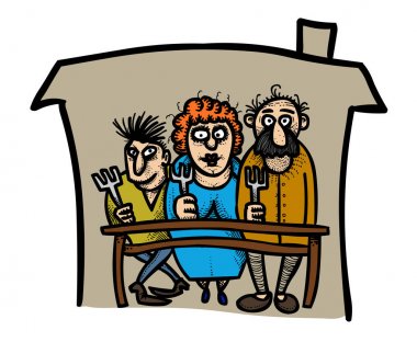 Aile kutsal kişilerin resmi çizgi film görüntüsü. Aile evi sembolü