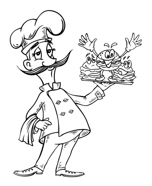 Imagen de dibujos animados del chef con hamburguesas — Vector de stock