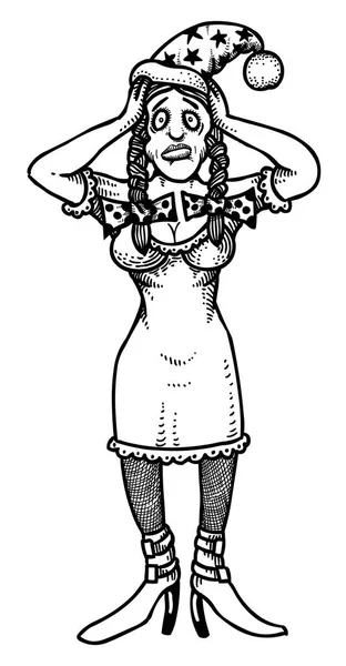 Imagen de dibujos animados de mujer estresada con sombrero de santa — Vector de stock