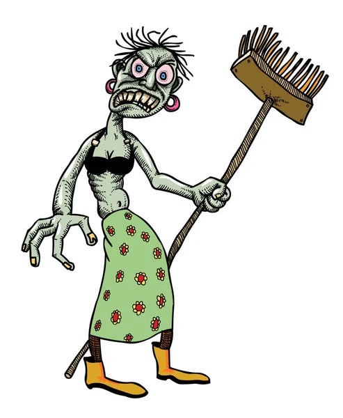 Desenhos animados de limpeza senhora monstro morto-vivo — Vetor de Stock