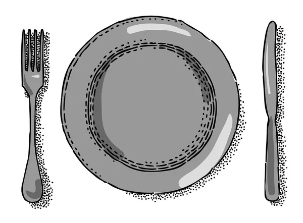 Καρτούν εικόνα του πιάτου, πιρούνι, μαχαίρι εικονίδιο. Το εστιατόριο σύμβολο — Διανυσματικό Αρχείο