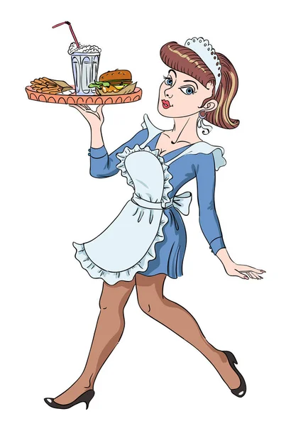 Karikatur eines Retro-Pin-up-Gemäldes einer Kellnerin aus den 1950er Jahren — Stockvektor