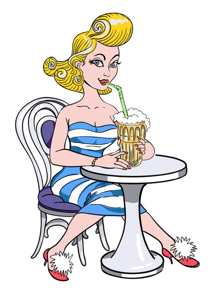 Imagen de dibujos animados de pin up pintura de una mujer retro 1950 beber — Vector de stock