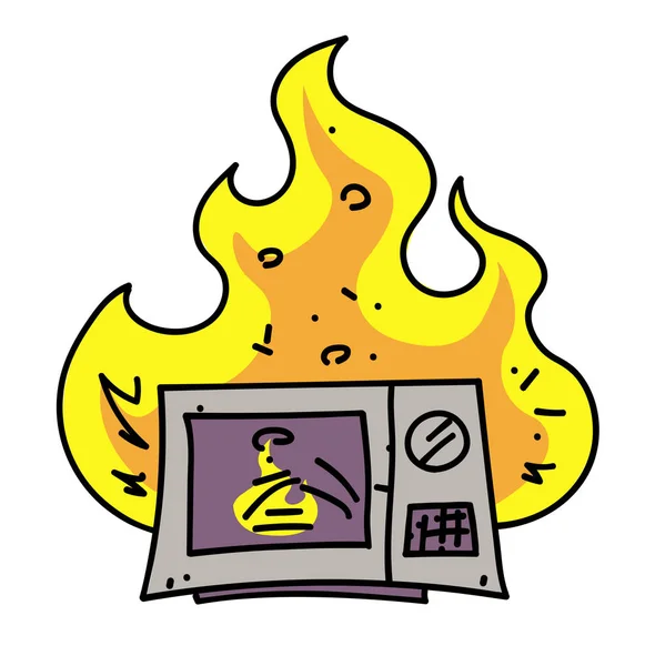 Mikrowelle in Flammen Karikatur handgezeichnetes Bild — Stockvektor