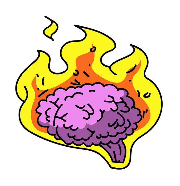 Gehirn in Brand Karikatur handgezeichnetes Bild — Stockvektor