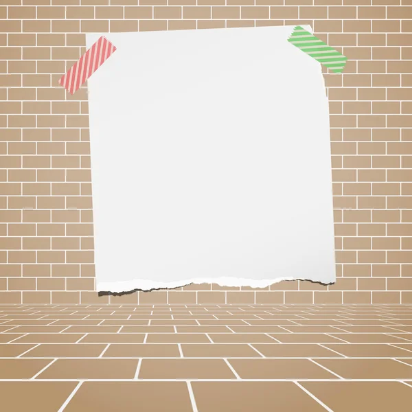 Papier blanc déchiré collé sur un mur de briques brunes — Image vectorielle