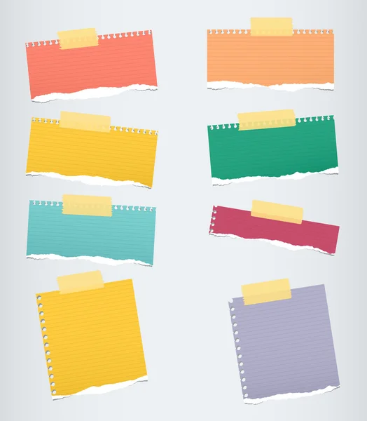 Pieces of colorful ruled torn note paper with yellow adhesive, sticky tape stuck on grey background — Stock Vector