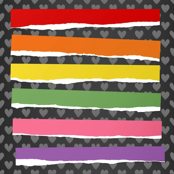 Papel de nota colorido rasgado preso no padrão criado de formas de coração — Vetor de Stock