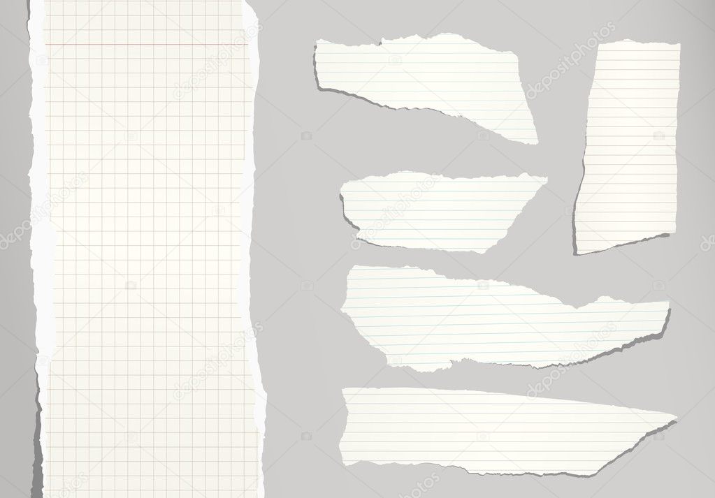 Piezas de nota marrón luz rotos, hojas de papel de cuaderno pegadas en