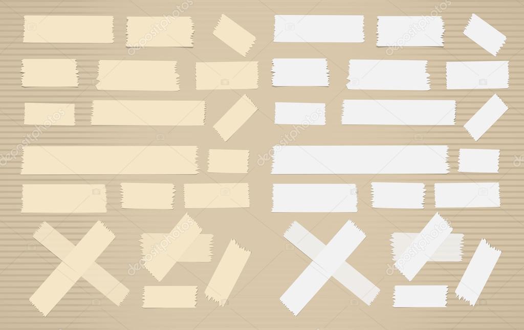 Pieces of different size sticky, adhesive masking tape are on brown background