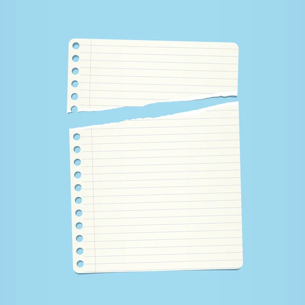 Weiß gerissene linierte Notiz, Notizbuch auf blauem Hintergrund — Stockvektor
