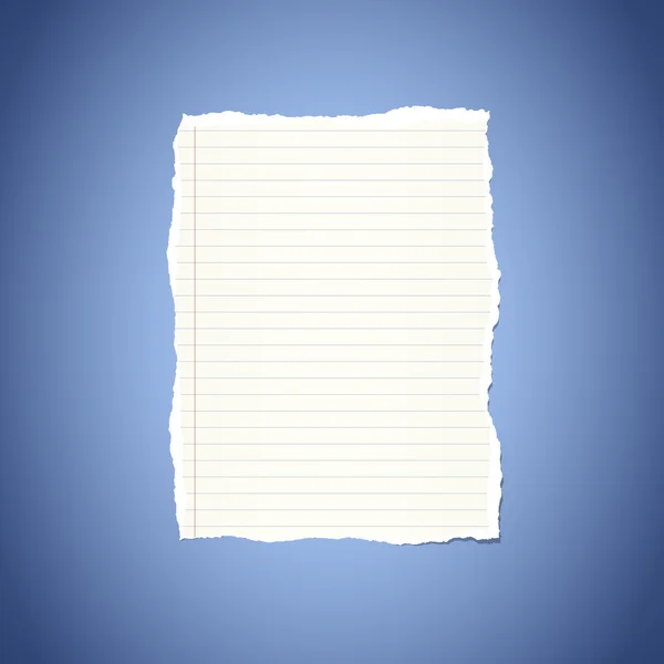 Ripped white ruled notebook paper stuck on blue vignette background — Stock Vector
