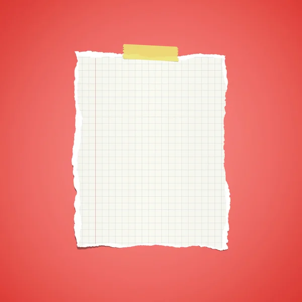 Ripped white ruled notebook paper stuck on red vignette background — Stock Vector