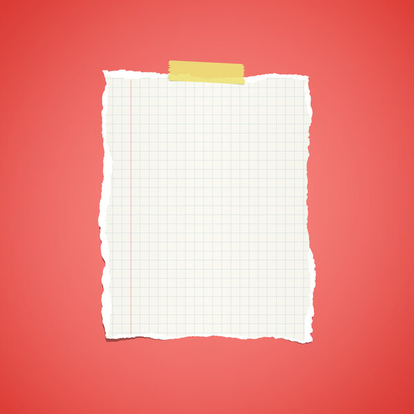 Ripped white ruled notebook paper stuck on red vignette background