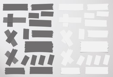 Different size sticky, adhesive masking tape are on grey background clipart