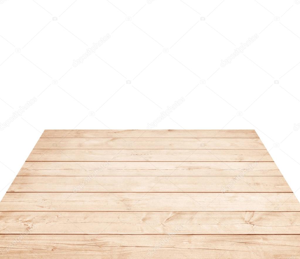 Empty brown wooden tabletop, horizontal planks on white background