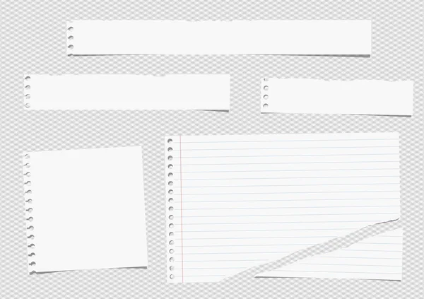 Trozos de nota blanca desgarrada, hojas de papel de cuaderno pegadas sobre fondo gris — Vector de stock