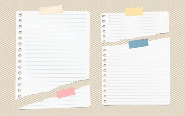 Pedaços de nota rasgada branca, folhas de papel notebook com adesivo colorido, fita adesiva presa no fundo marrom —  Vetores de Stock