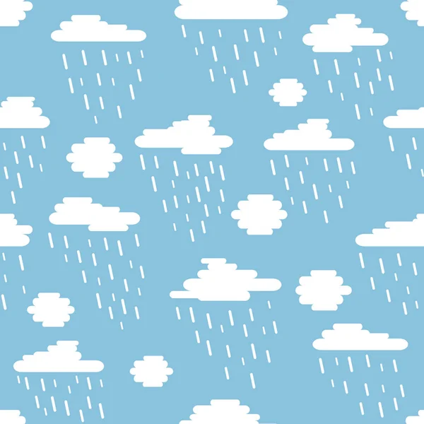 Seamless pattern, clouds and rain created of rounded lines. Rainy day on blue sky — Stock Vector