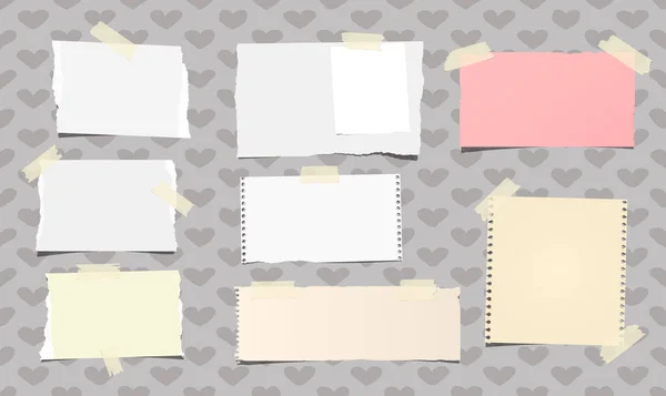Άρπαξαν λευκά και χρωματιστά σημειωματάριο, Σημείωση χαρτί κολλημένο με μπεζ κολλητική ταινία στο μοτίβο που δημιουργήθηκε από σχήματα καρδιών — Διανυσματικό Αρχείο