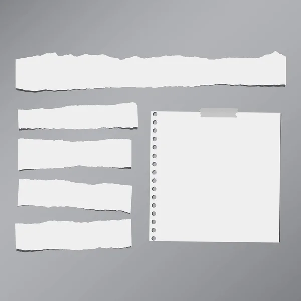 Pezzi di bianco strappato nota, fogli di carta taccuino bloccato su sfondo grigio — Vettoriale Stock