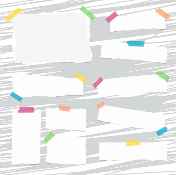 Біла рвана нотатка, аркуші паперу ноутбука, приклеєні барвистою липкою стрічкою на підкладковому візерунку — стоковий вектор