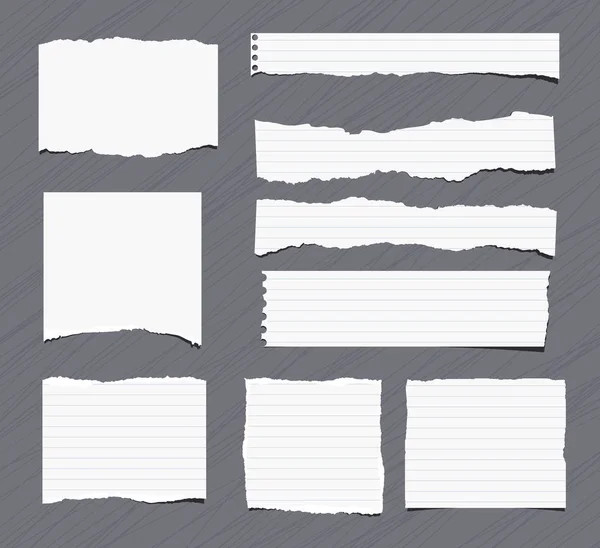 Piezas de blanco rasgado nota, cuaderno, hojas de papel de libro de copia pegadas sobre fondo gris — Vector de stock