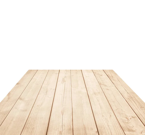 Lege bruin houten tafelblad, verticale planken op witte achtergrond — Stockfoto
