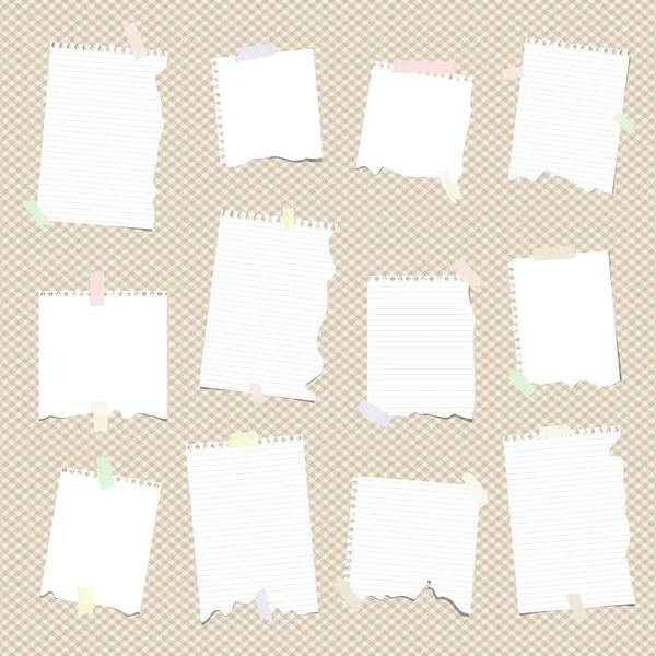 Pieces of white ruled torn note, notebook, copy book paper sheets stuck on brown squared background — Stock Vector