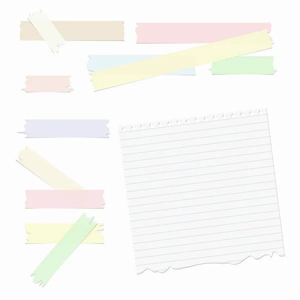 Geript kleurrijke pastel kleverige, plakband en opmerking, notebook, kopie boek geregeerd papier vel — Stockvector