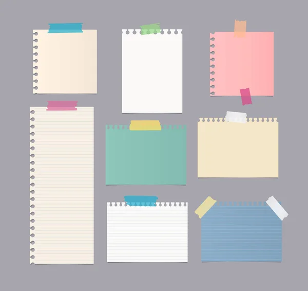 Bitar av olika storlek färgglada not, anteckningsbok, copybook pappersark fastnat med klibbig tejp på grå bakgrund — Stock vektor