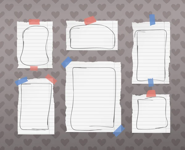 Carnet blanc déchiré, note, feuilles de papier de copybook avec des cadres de doodle, collé sur le motif créé de formes de coeur — Image vectorielle