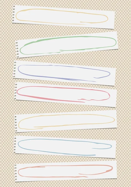 Carnet blanc déchiré, note, feuilles de papier horizontal copybook avec des cadres doodle colorés, collé sur fond carré — Image vectorielle