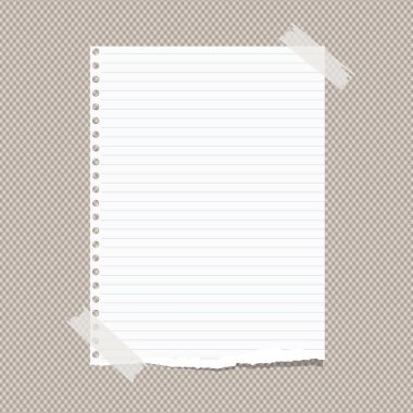 Beyaz hüküm yırtık Not, not defteri, defterini kağıt levha sıkışmış kahverengi kare deseni üzerinde yapışkan bant ile