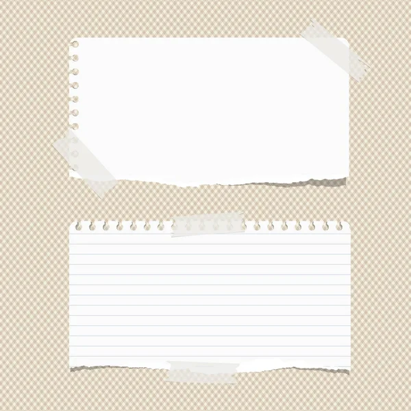 Wit geregeerd gescheurde opmerking, notebook, beurt papier vellen geplakt met plakband op bruin gekwadrateerde patroon — Stockvector