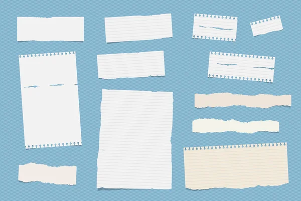 Weiße linierte Notiz, Notizbuch, Papierblätter auf blau-kariertes Muster geklebt — Stockvektor