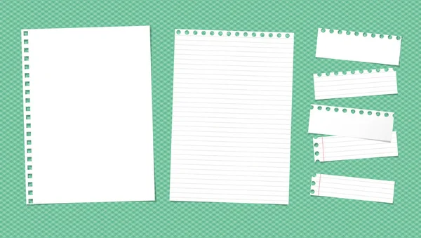 Белое правило разорванная нота, блокнот, блокнот бумажные листы застрял на зеленый квадратный узор — стоковый вектор