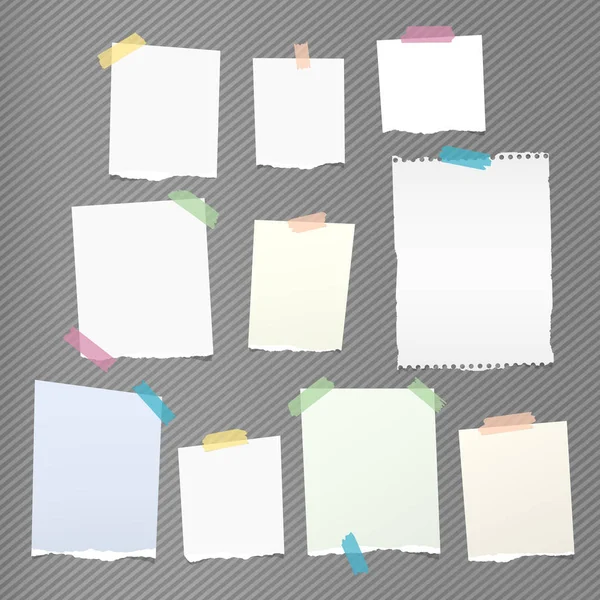 Nota colorata, quaderno, fogli di carta da copiare incollati con nastro adesivo su motivo a strisce grigie — Vettoriale Stock