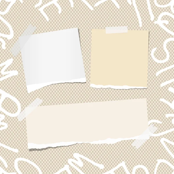 Nota blanca y marrón rasgada, cuaderno, tiras de papel de copybook en el patrón creado de letras del alfabeto — Vector de stock