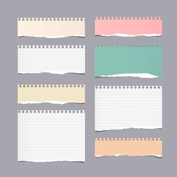 Pieces of ripped different size colorful note, notebook, copybook paper sheets stuck on gray background — Stock Vector