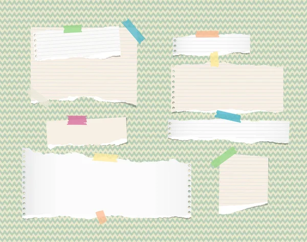 Vit, ljusbrun, Obs, notebook, häfte pappersremsor och ark som fastnat med tejp ongreen vågiga mönster — Stock vektor