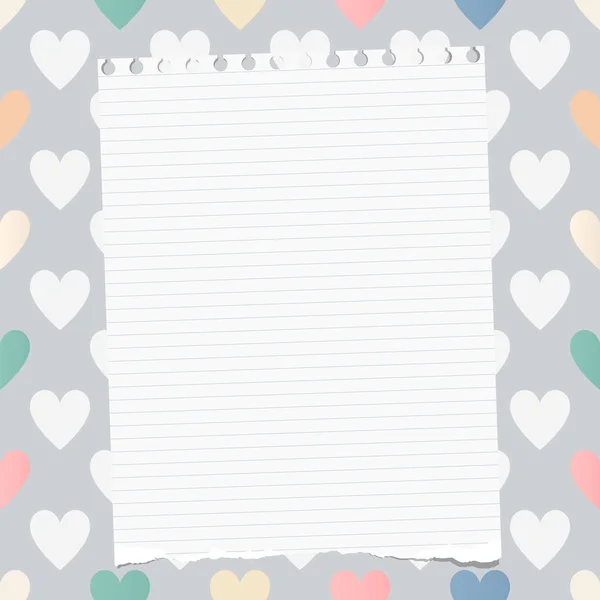 Wit geript gelinieerde notebook, beurt, opmerking papier geplakt op patroon gemaakt van hart vormen — Stockvector