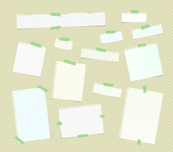 Rippade vit styrde Obs, notebook, häfte pappersark, remsor fastnat med färgglada tejp på bruna kvadraten mönster — Stock vektor