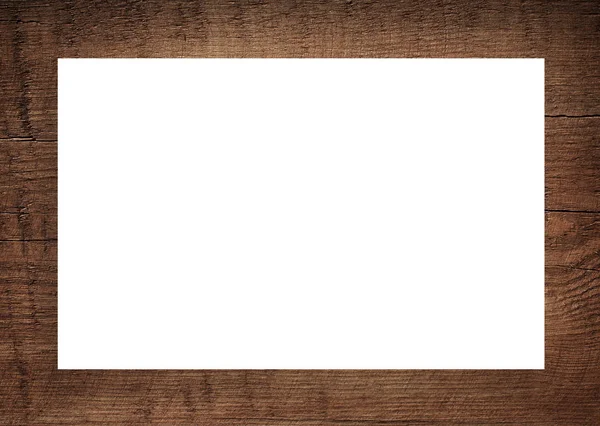 Brown scratched wooden frame, billboard or white horizontal rectangle — Stock Photo, Image
