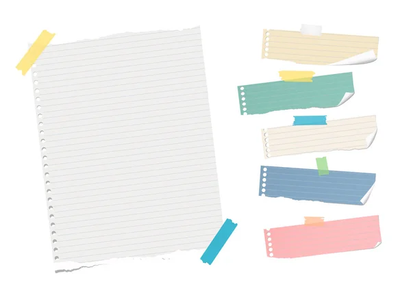 Nota colorida reglada rasgada, cuaderno, hoja de papel del copybook, tiras pegadas con cinta adhesiva en el fondo blanco — Vector de stock