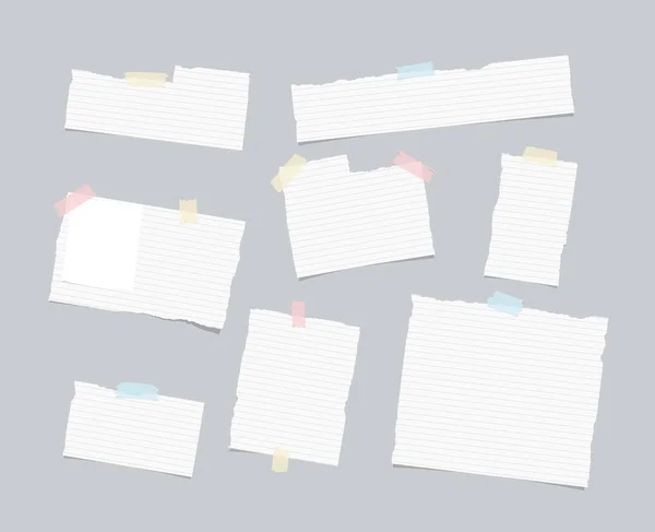 Ripped ruled note, notebook, copybook paper sheet, strips stuck with colorful sticky tape on light gray background — Stock Vector